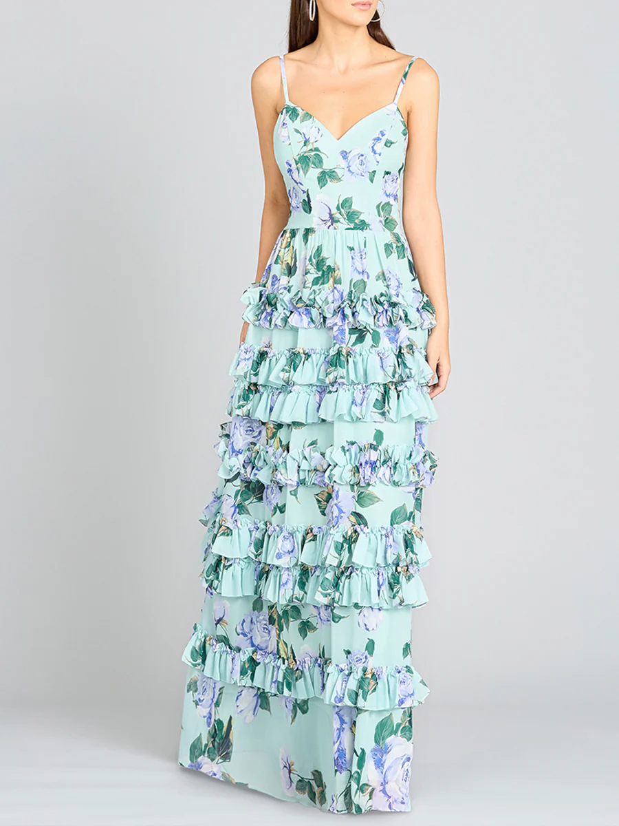 Ruffle Skirt Printed Gown with Spaghetti Straps - OUTLET - Image 2