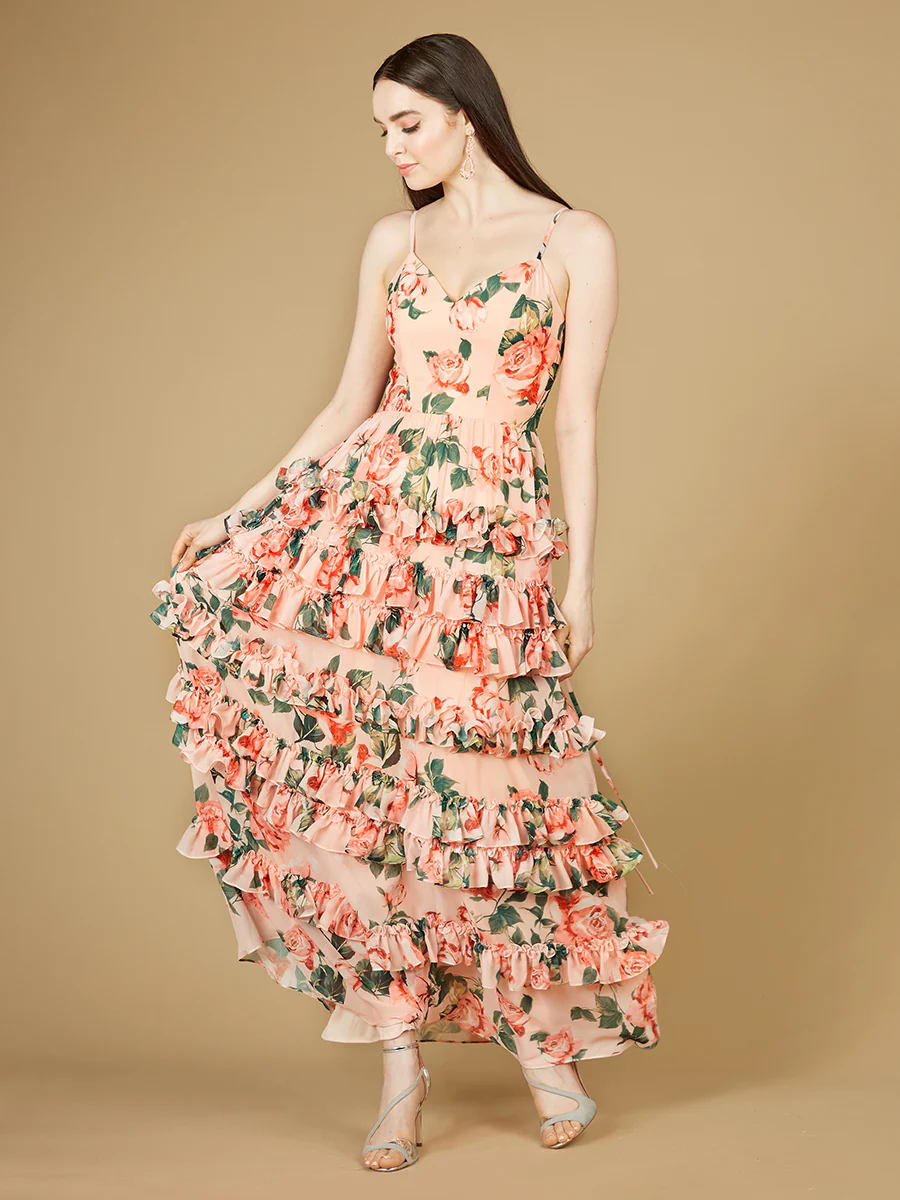 Ruffle Skirt Printed Gown with Spaghetti Straps - OUTLET - Image 3