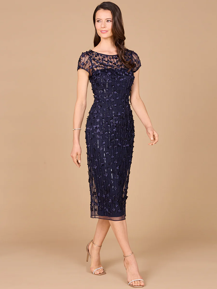 3D Applique Midi Dress with Cap Sleeves - Image 3