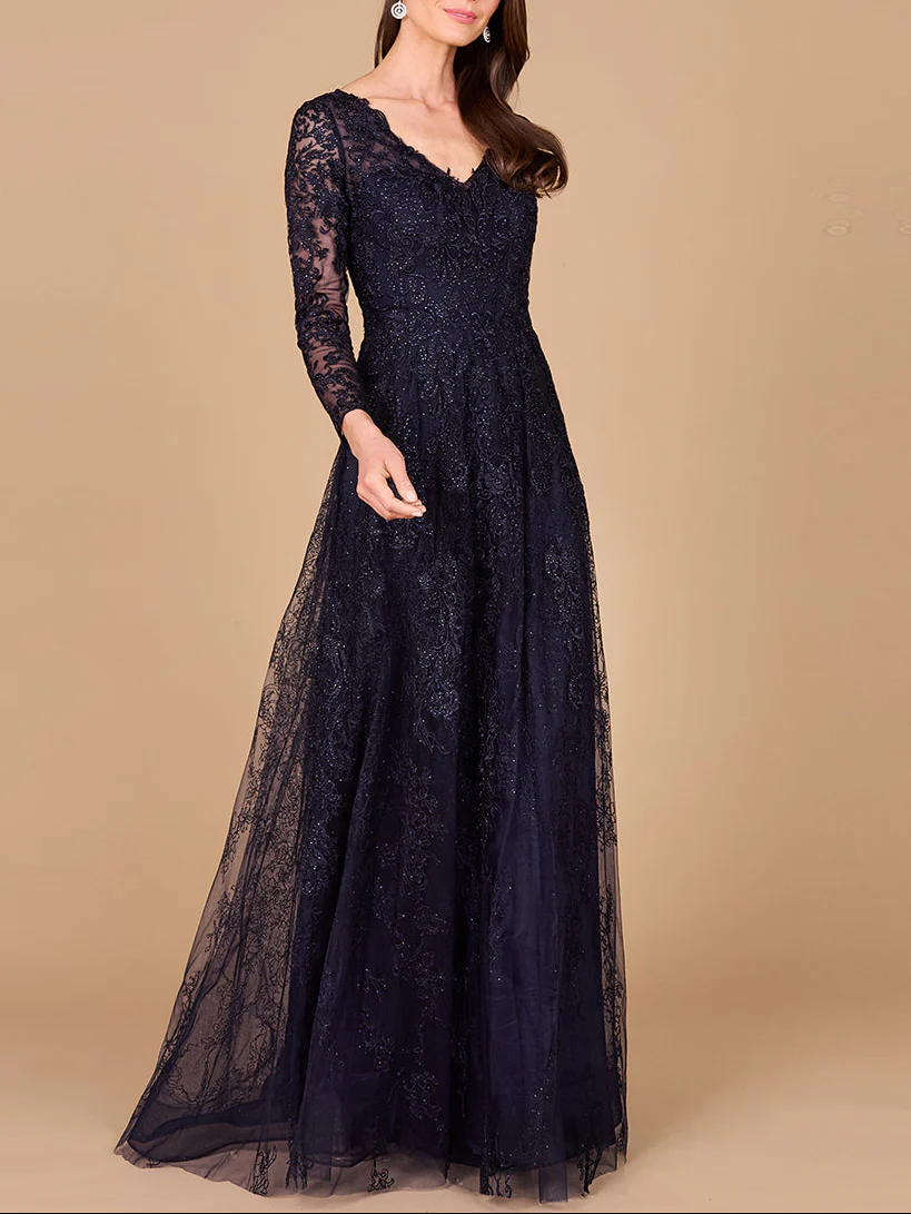 Long Sleeve V-Neck Lace Gown