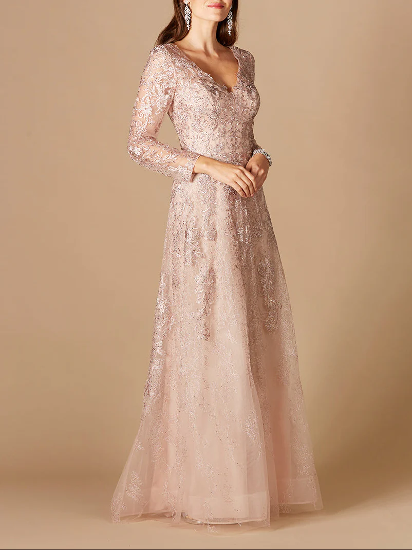 Long Sleeve V-Neck Lace Gown - Image 2
