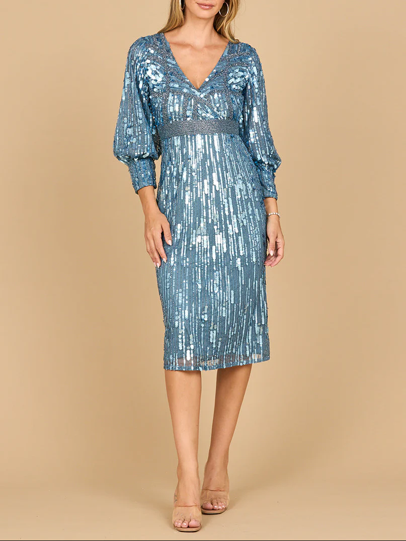 Lara 28855 - Beaded A-line Midi Dress with Long Sleeves - Image 2