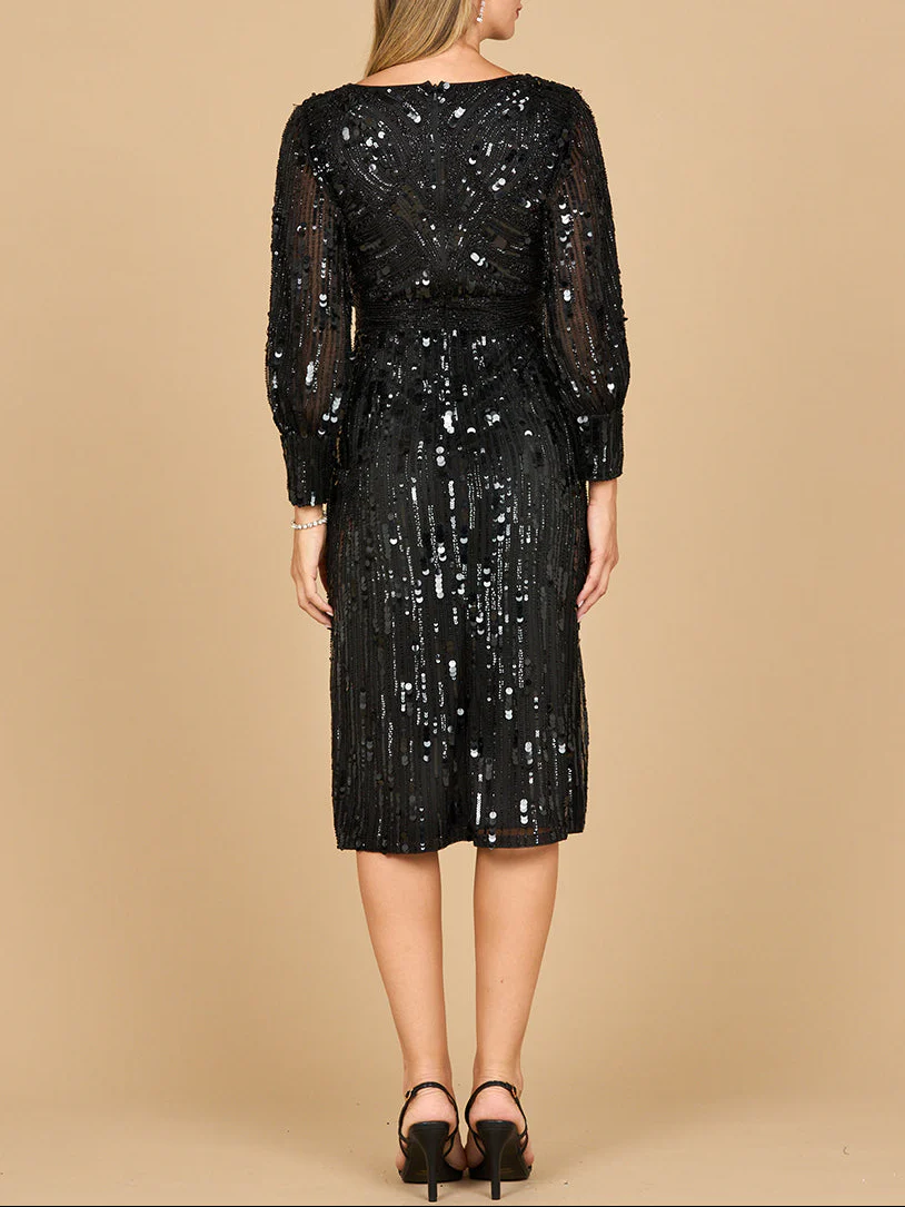 Lara 28855 - Beaded A-line Midi Dress with Long Sleeves - Image 3