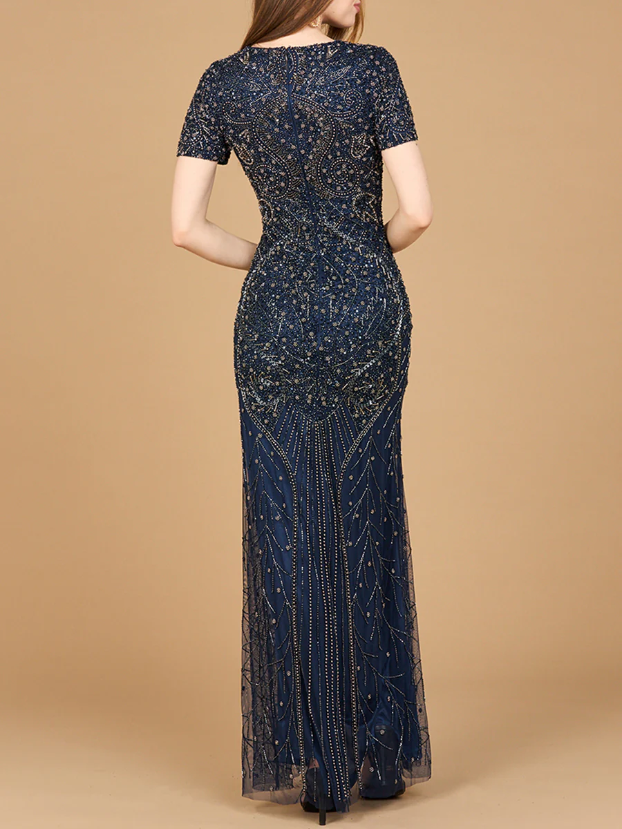 Short Sleeve Sheath Beaded Gown - Image 3