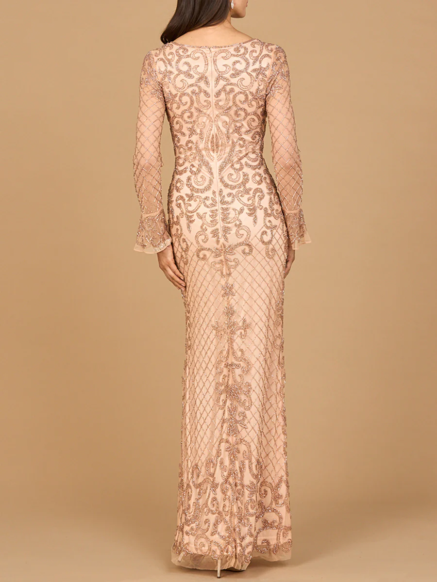 Beaded Long Sleeve V-neck Gown - Image 2