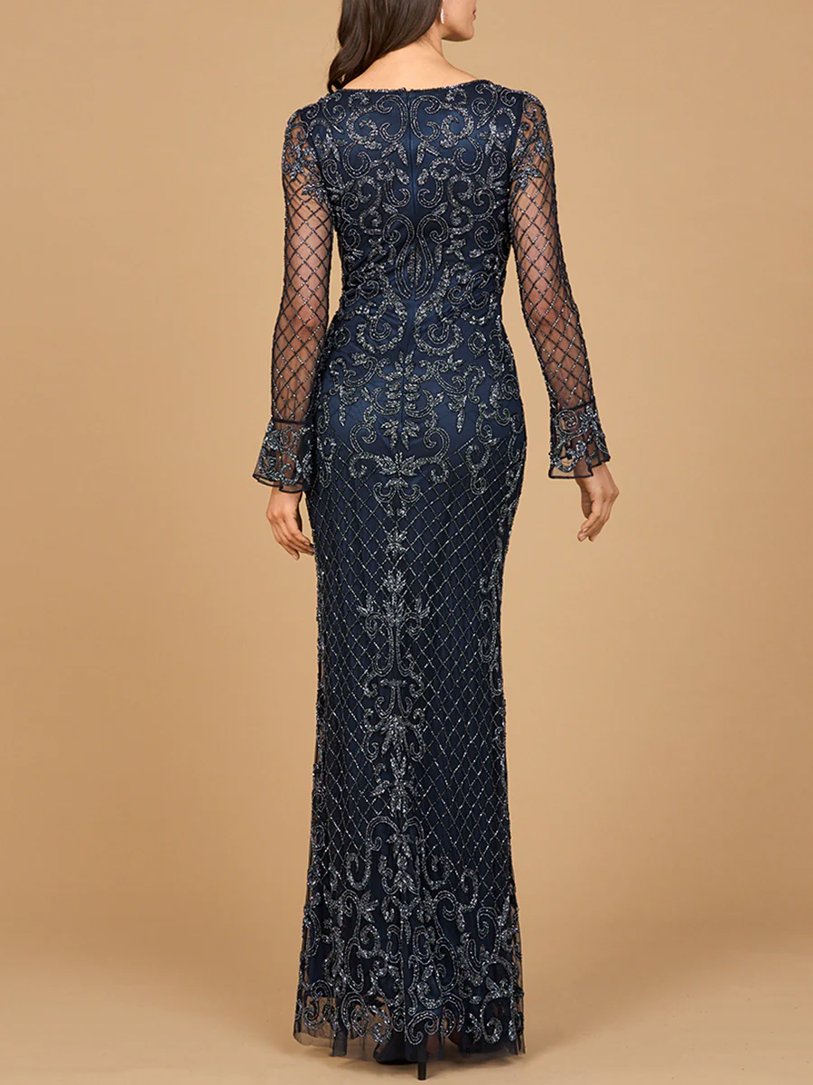 Beaded Long Sleeve V-neck Gown - Image 4