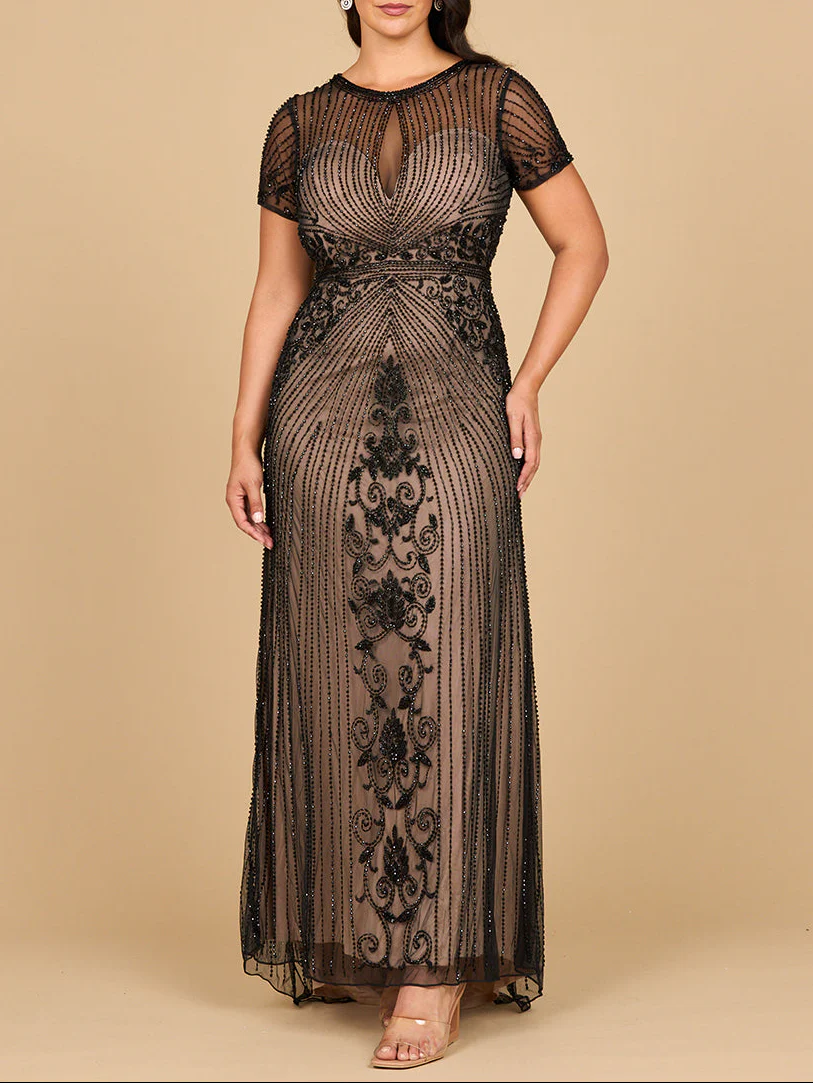 Beaded Cap Sleeve Illusion Plunge Gown | Lara 28869