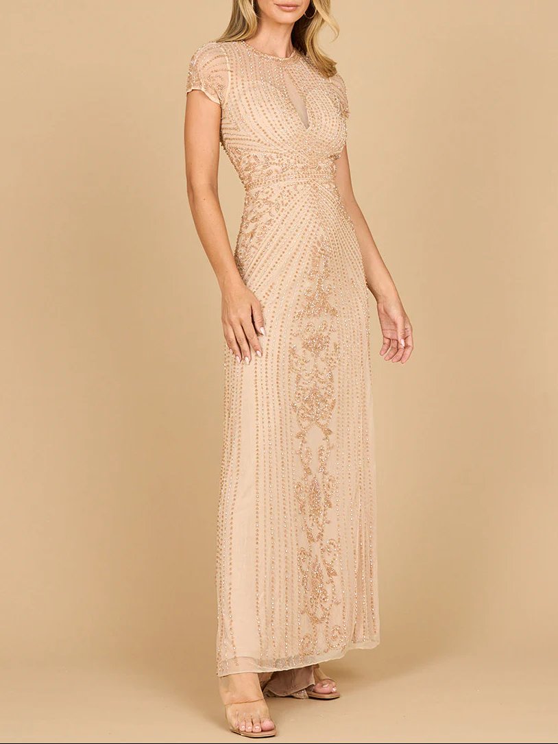 Beaded Cap Sleeve Illusion Plunge Gown | Lara 28869 - Image 2