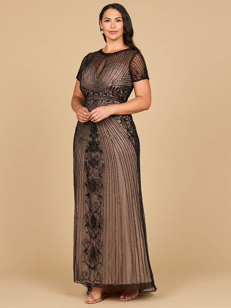 Beaded Cap Sleeve Illusion Plunge Gown | Lara 28869 - Image 3