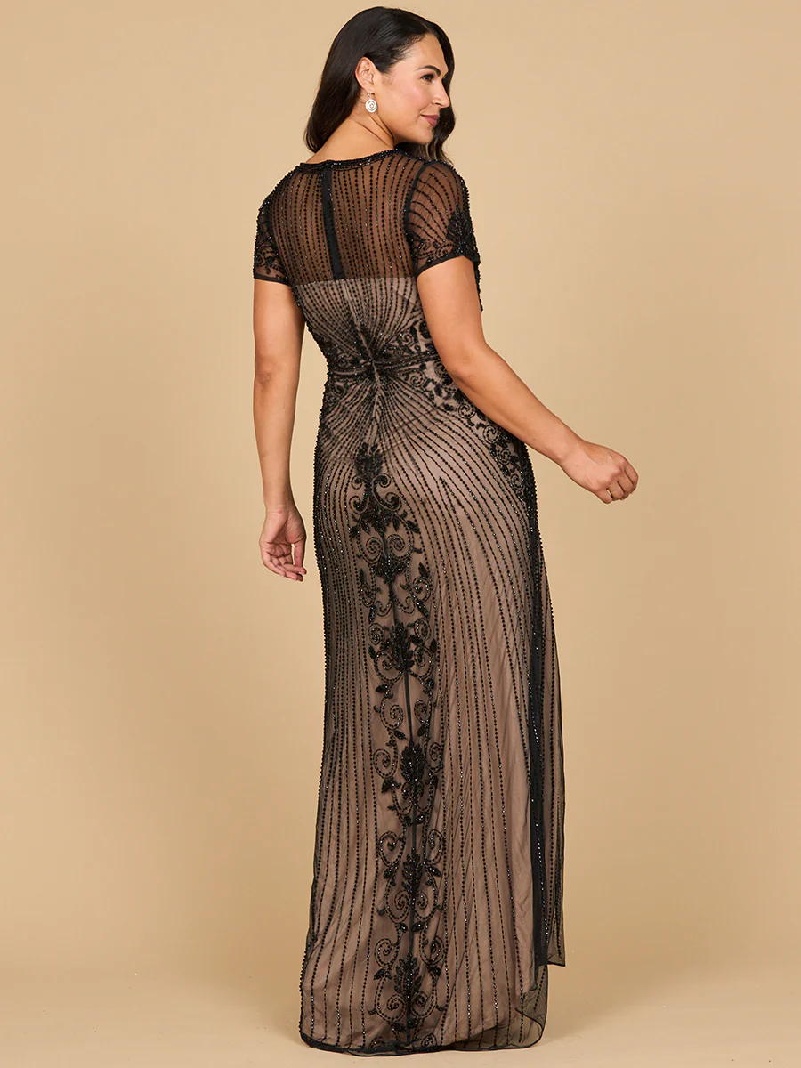 Beaded Cap Sleeve Illusion Plunge Gown | Lara 28869 - Image 5