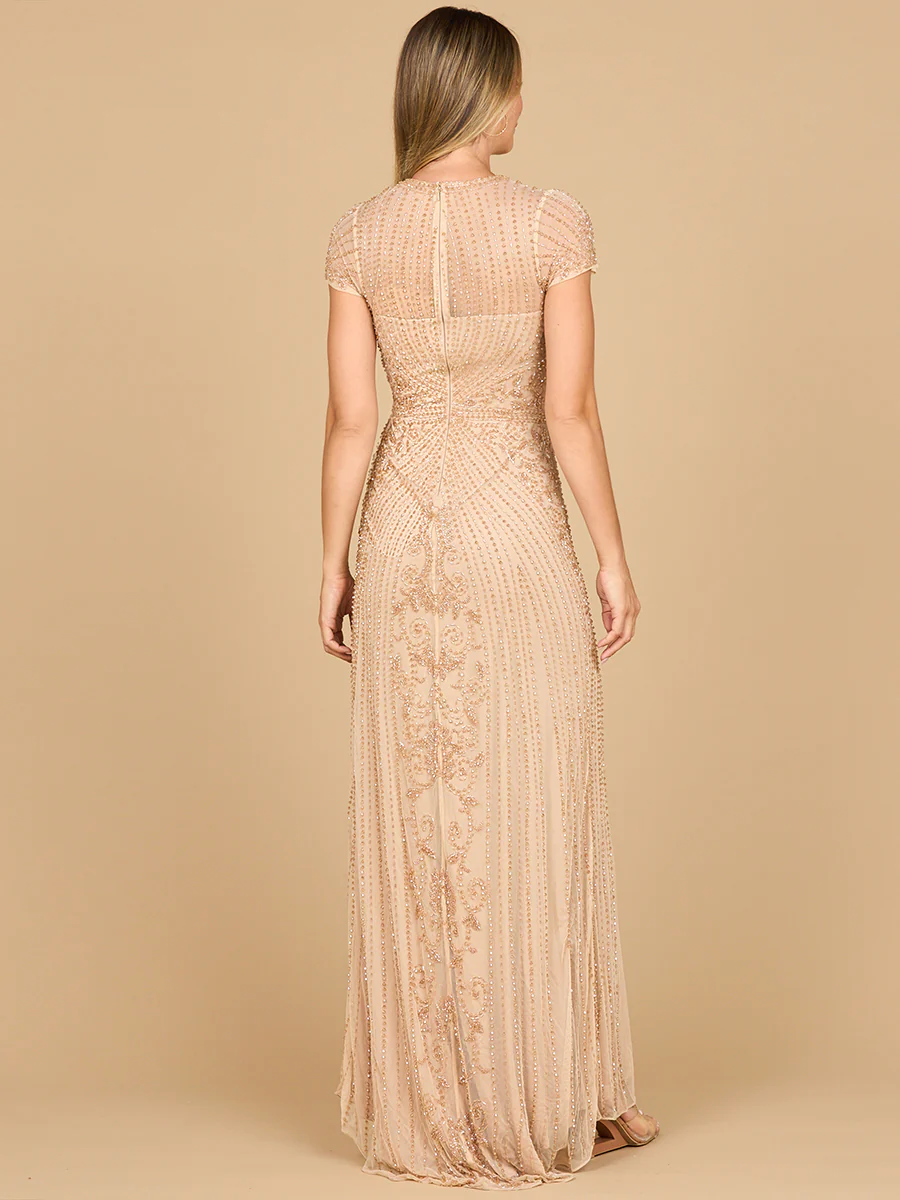Beaded Cap Sleeve Illusion Plunge Gown | Lara 28869 - Image 6