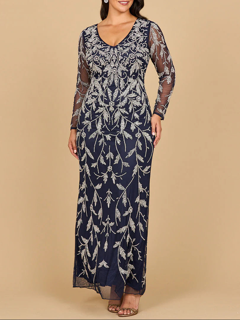 Lara 28870- Long Sleeve Contrast Beaded Gown