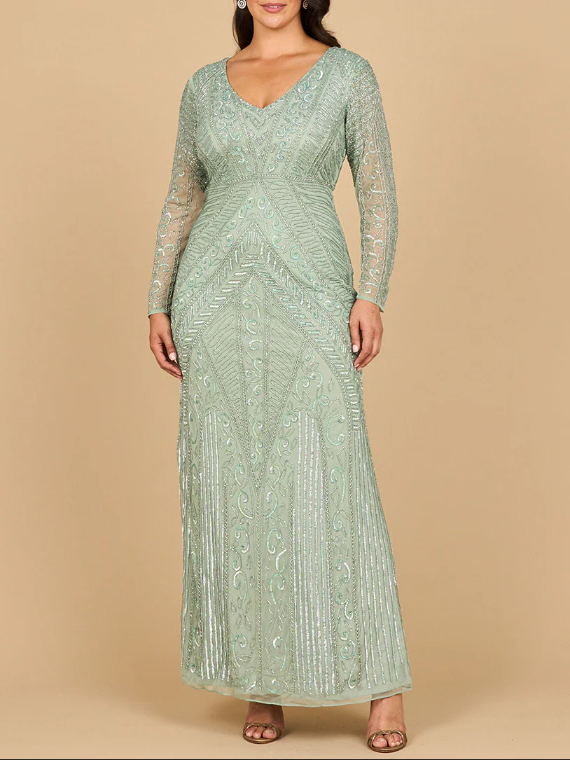Lara 28875- Long Sleeve Geometric Beaded Gown