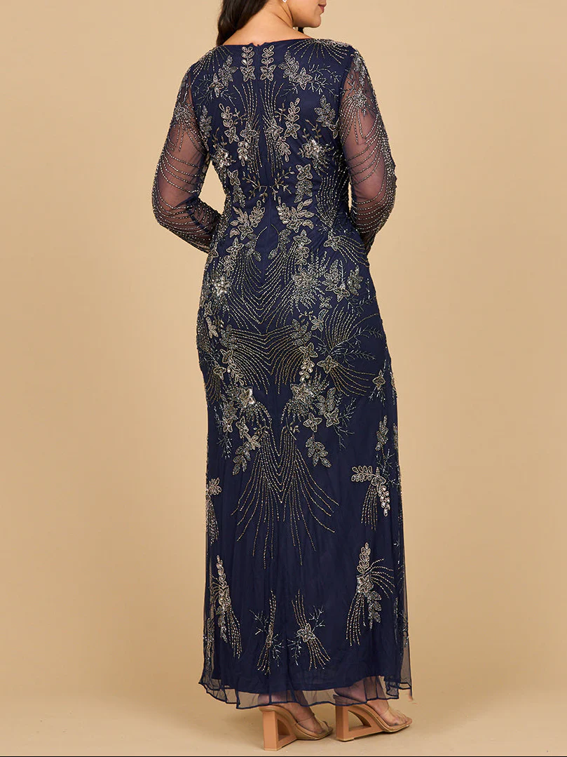 Long Sleeve Queen Anne Beaded Gown - Image 2