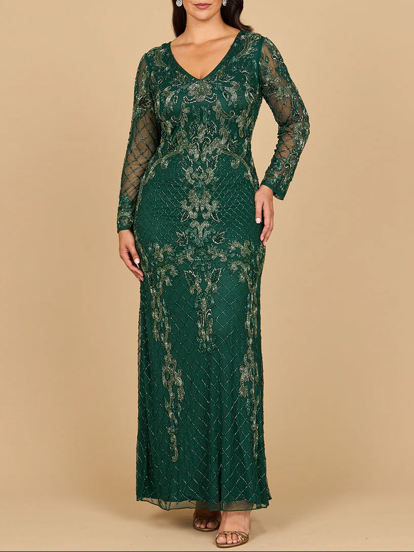 Lara 28877- Long Sleeve Contrast Beaded Gown