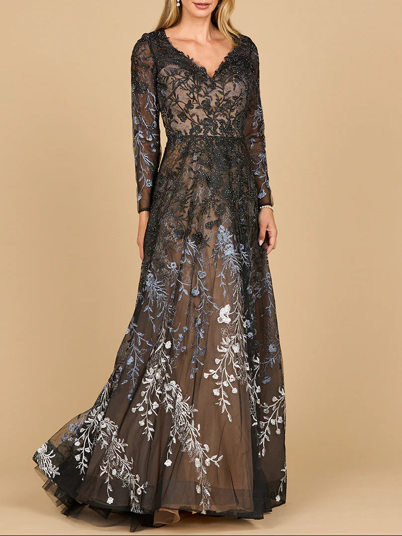 Lara 28878- Long Sleeve V-Neck Ombre Lace Gown - Image 2