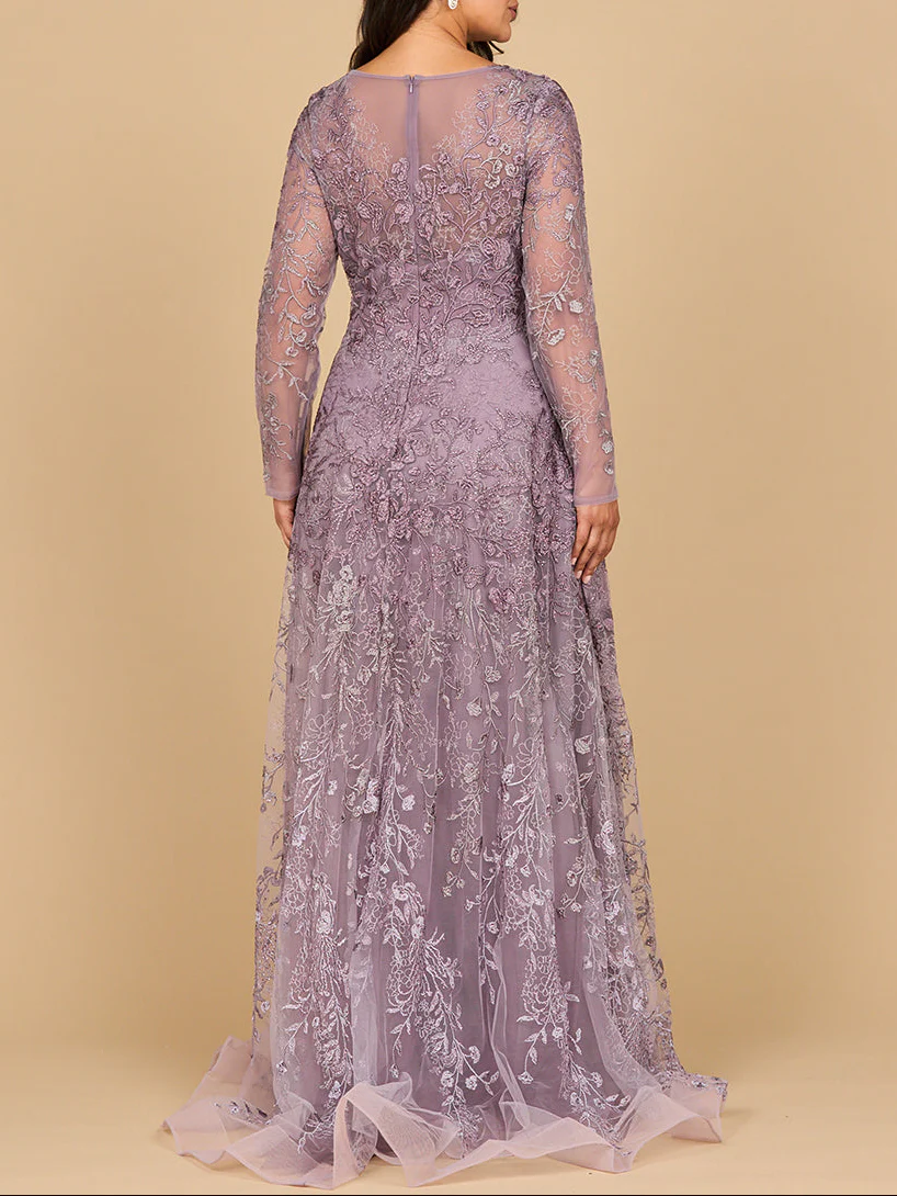 Lara 28878- Long Sleeve V-Neck Ombre Lace Gown - Image 3