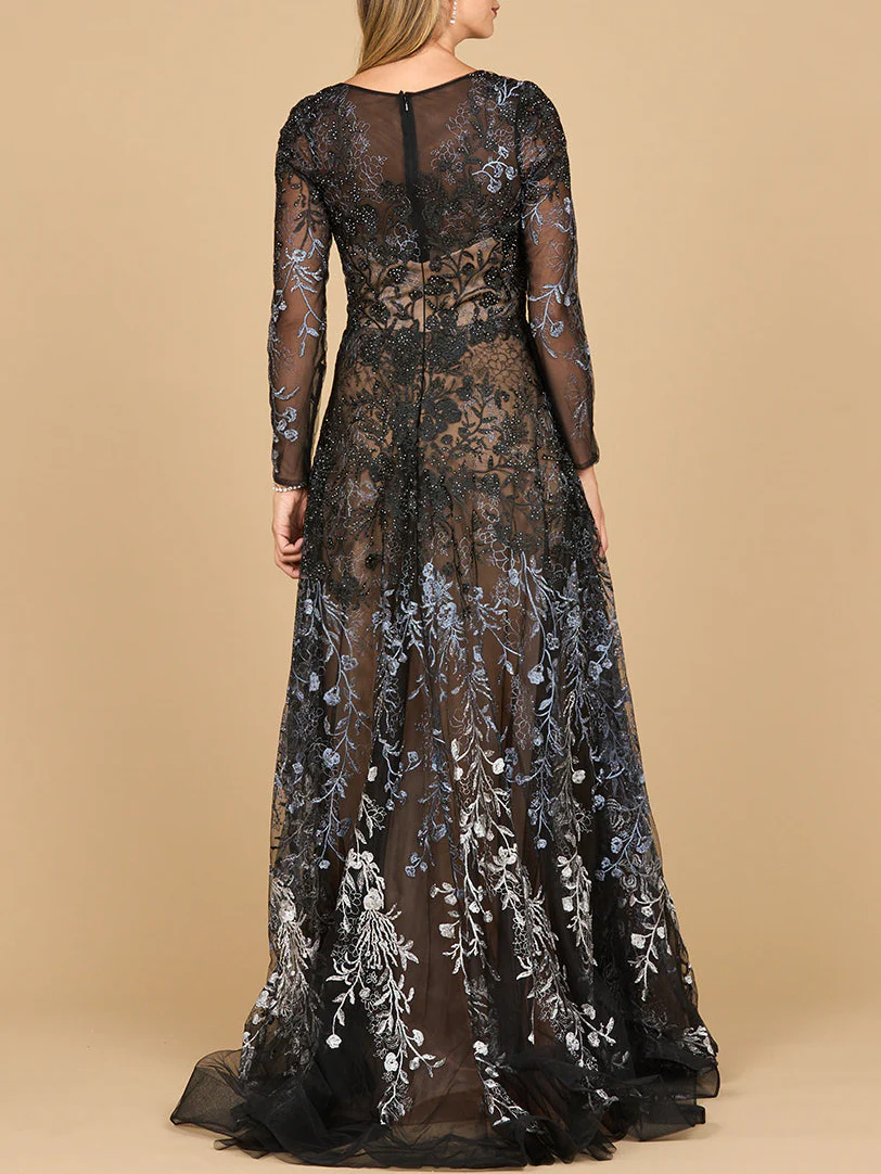 Lara 28878- Long Sleeve V-Neck Ombre Lace Gown - Image 4