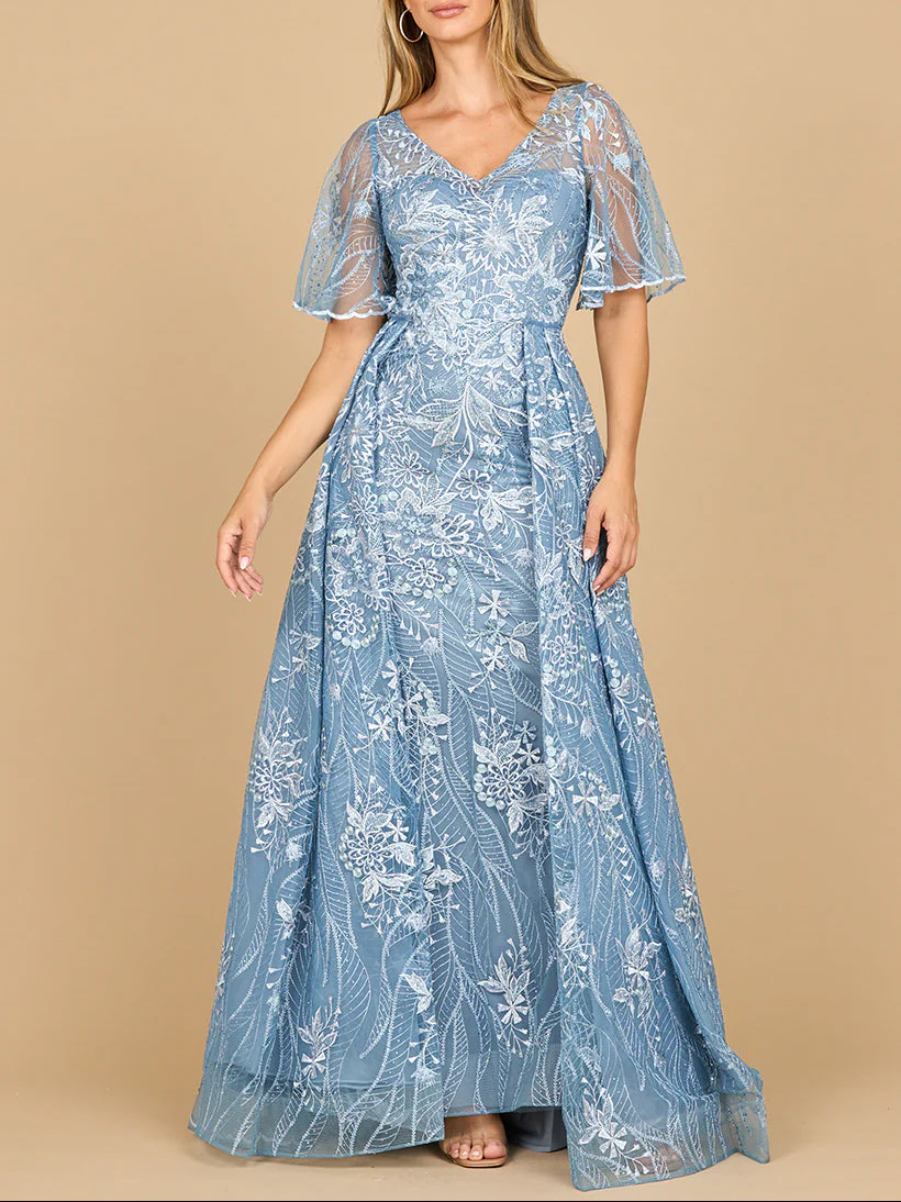 Lara 28880- Overskirt Lace Fitted V-Neck Gown with Cape Sleeves - Image 2