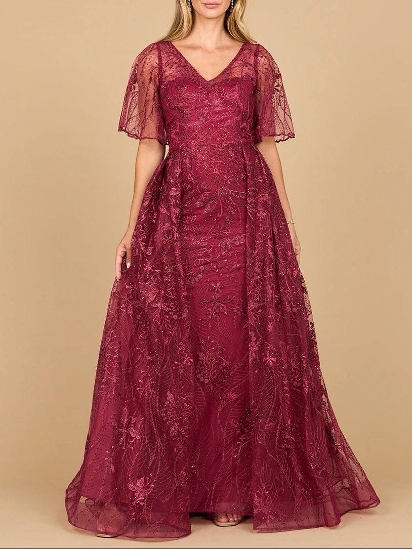Lara 28880- Overskirt Lace Fitted V-Neck Gown with Cape Sleeves - Image 3