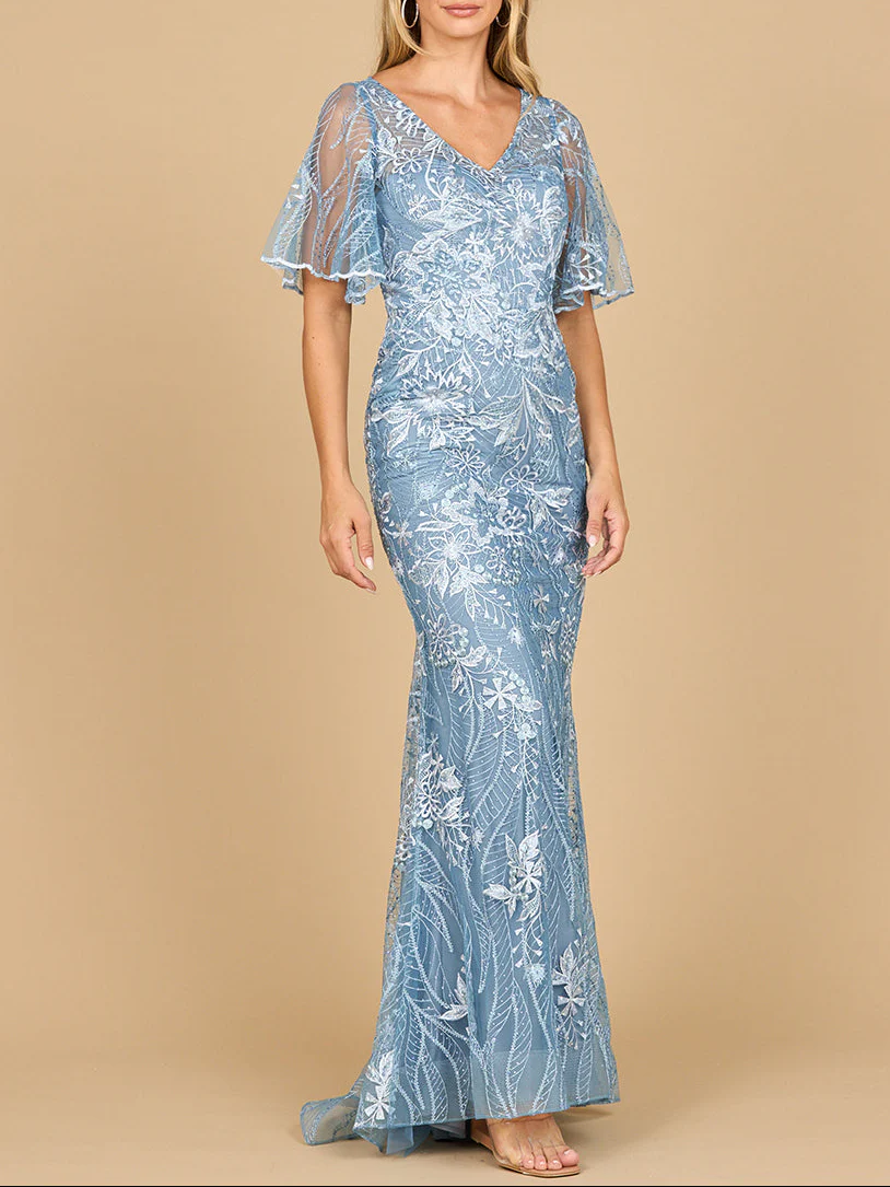 Lara 28880- Overskirt Lace Fitted V-Neck Gown with Cape Sleeves - Image 4