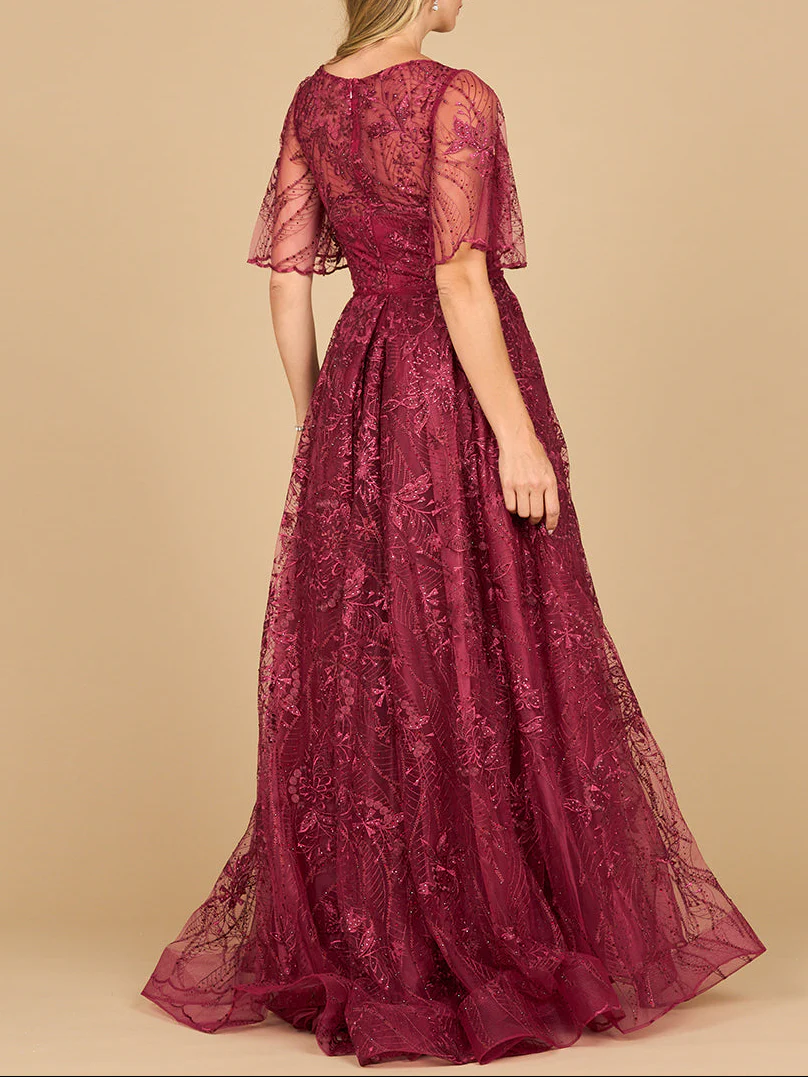 Lara 28880- Overskirt Lace Fitted V-Neck Gown with Cape Sleeves - Image 5