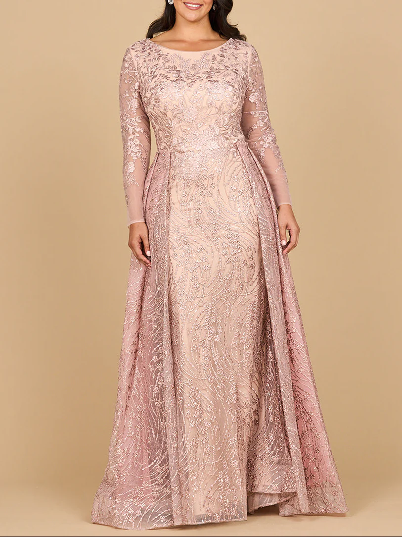 Long Sleeve Gown with Overskirt & Illusion Neckline - Image 2