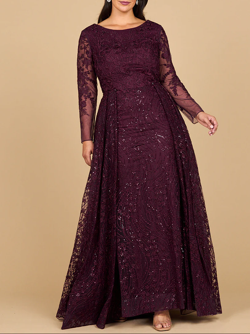 Long Sleeve Gown with Overskirt & Illusion Neckline - Image 3