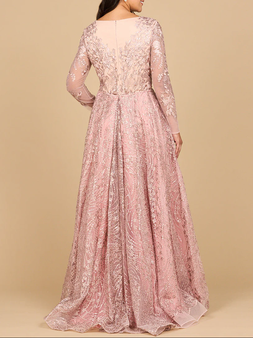 Long Sleeve Gown with Overskirt & Illusion Neckline - Image 6
