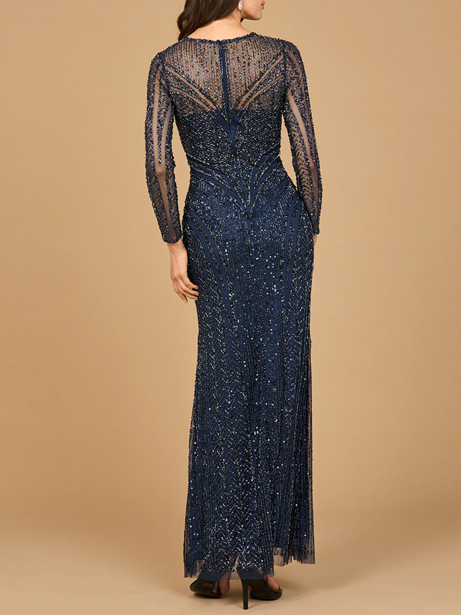 Illusion Neck, Long Sleeve Beaded Gown - Image 2