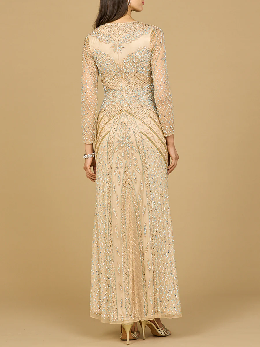Illusion Neck, Long Sleeve Beaded Gown - Image 2