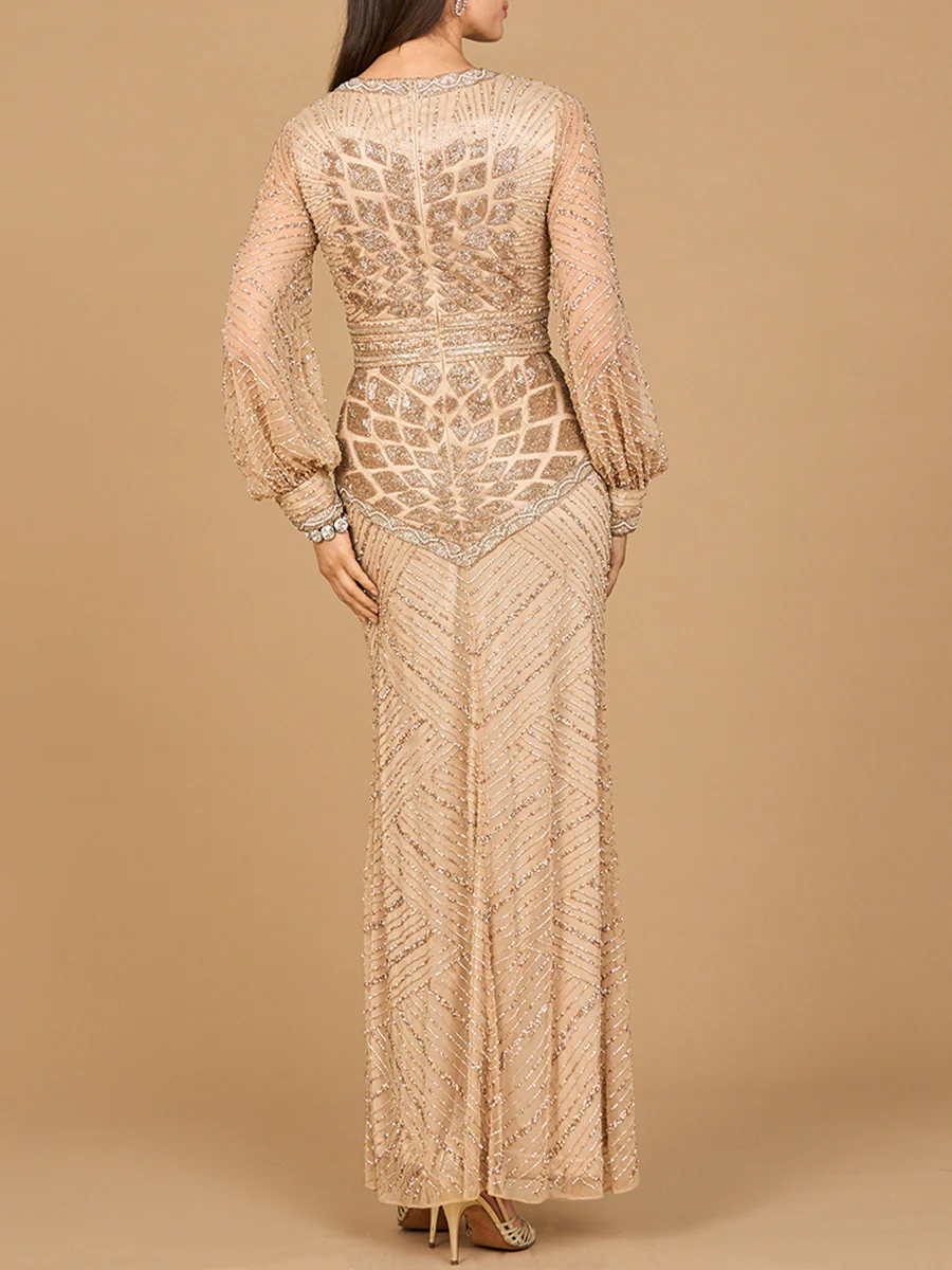 V Neck Beaded Long Sleeve Maxi Dress - Image 2