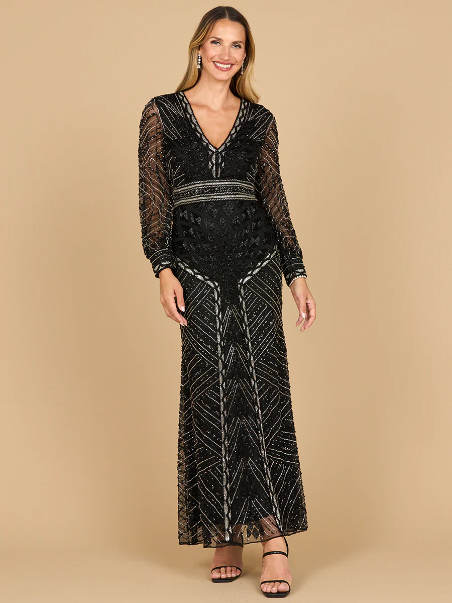 V Neck Beaded Long Sleeve Maxi Dress - Image 3