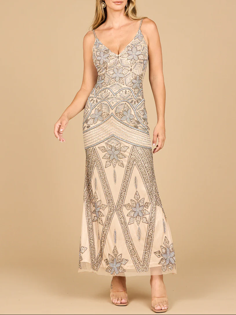 Contrast Beaded V-Neck Fitted Gown