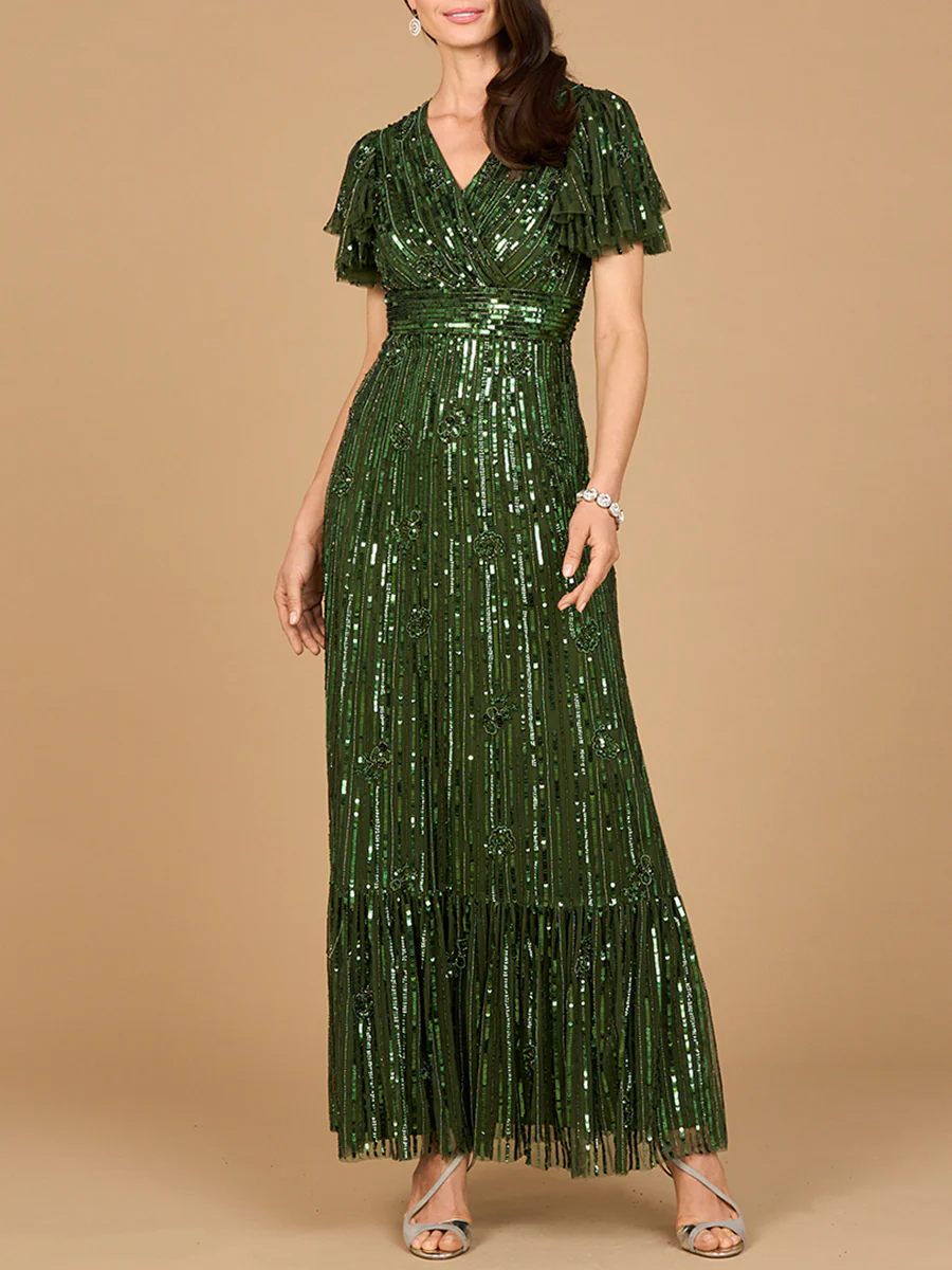 Elegant Beaded Gown with Flutter Sleeves - Image 2