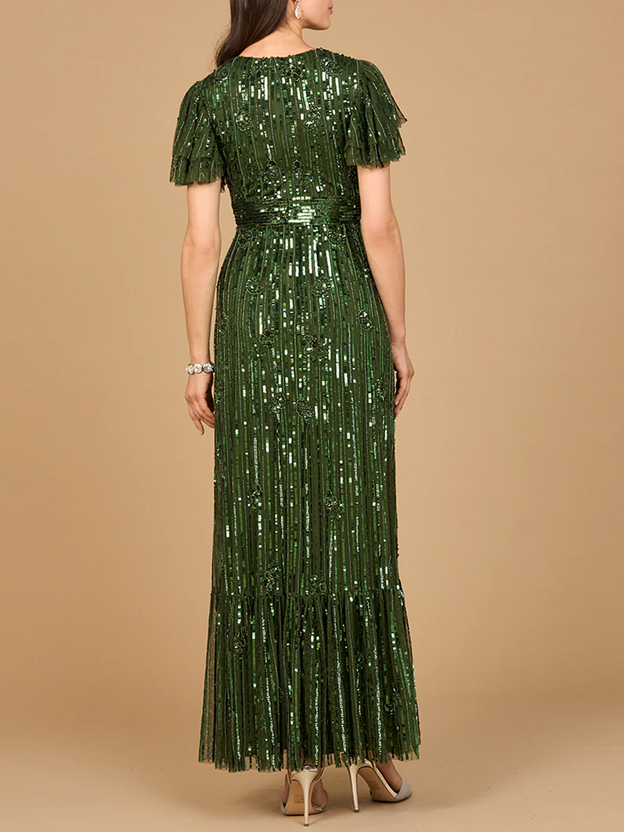 Elegant Beaded Gown with Flutter Sleeves - Image 3
