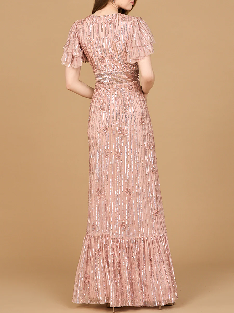 Elegant Beaded Gown with Flutter Sleeves - Image 4
