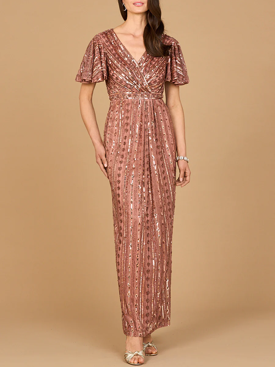 Fully Beaded Gown with Flutter Sleeves
