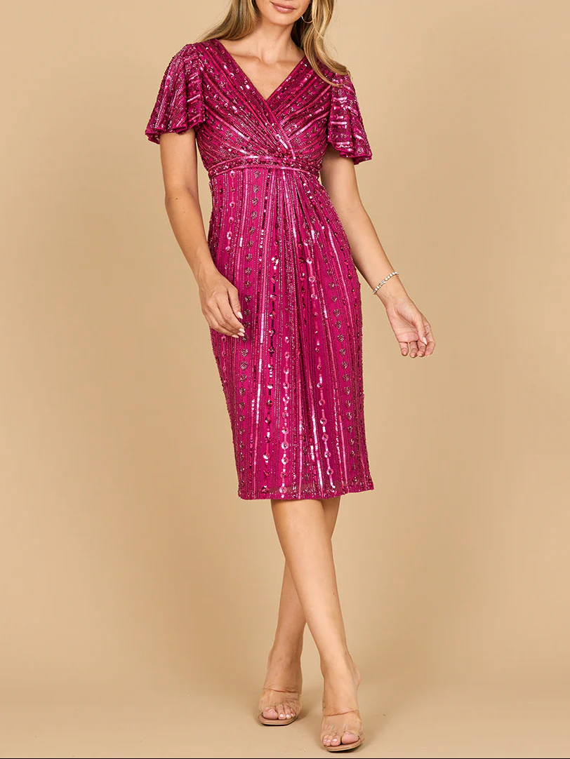 Beaded Midi Dress with Flutter Sleeves - Image 2