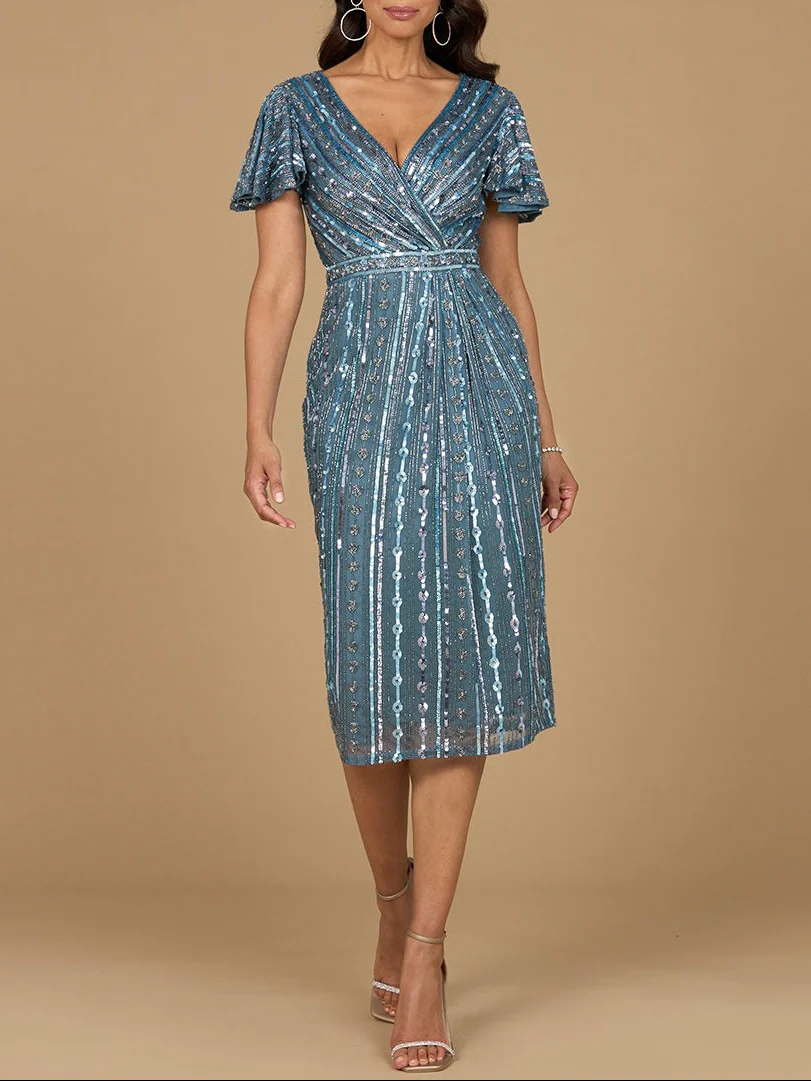 Beaded Midi Dress with Flutter Sleeves - Image 3