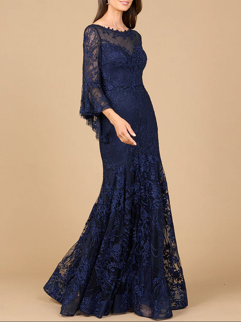 Illusion Neck, Long Bell Sleeve Gown - Image 2