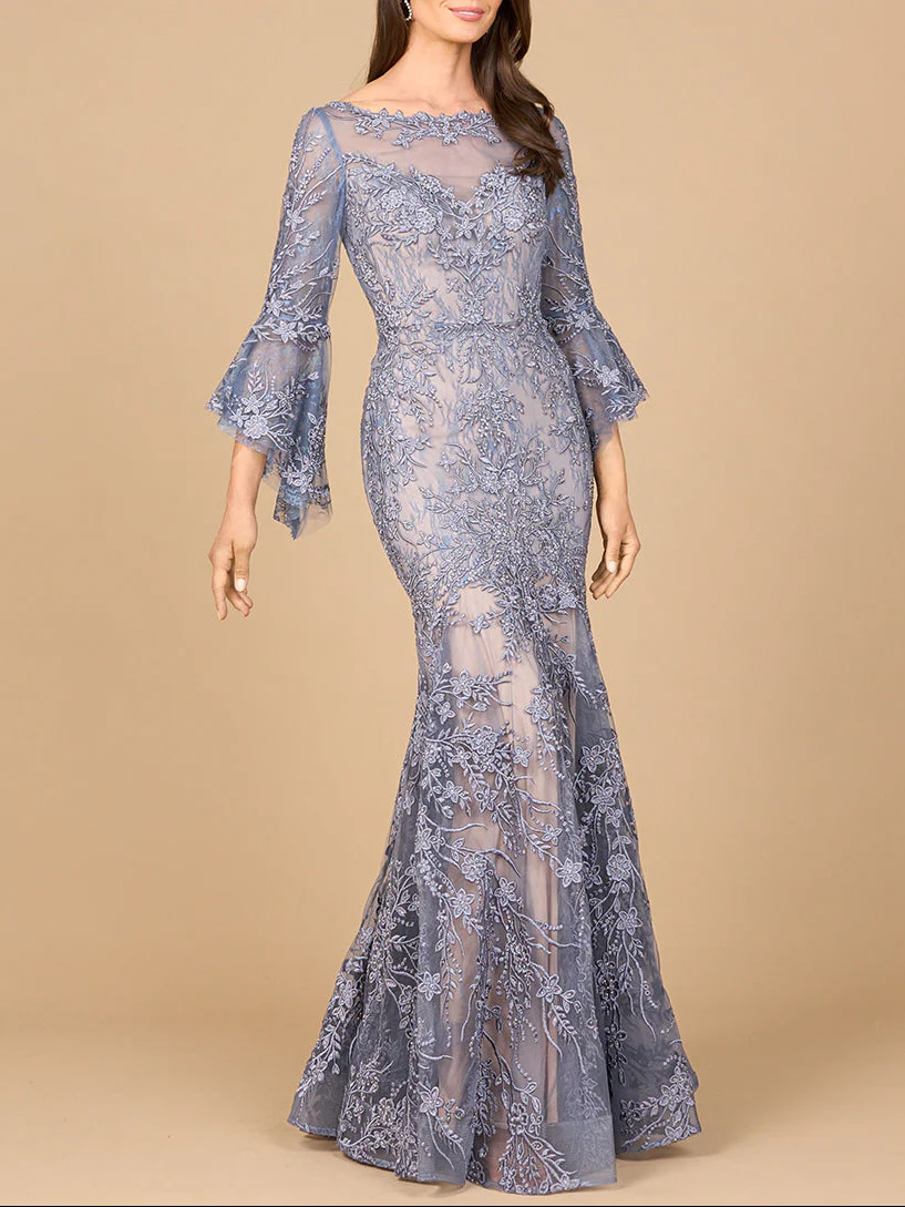 Illusion Neck, Long Bell Sleeve Gown - Image 4