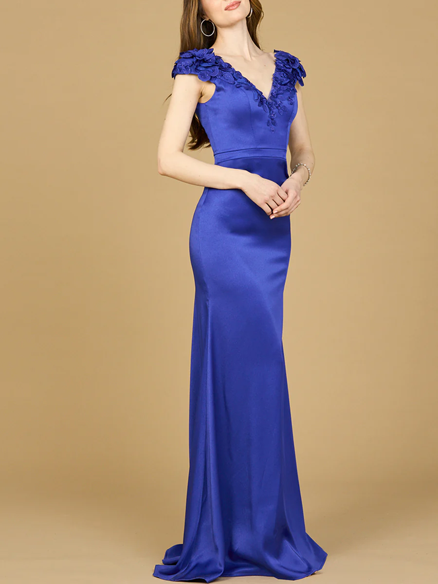 V-Neck, Satin Backed Crepe Gown - Image 2