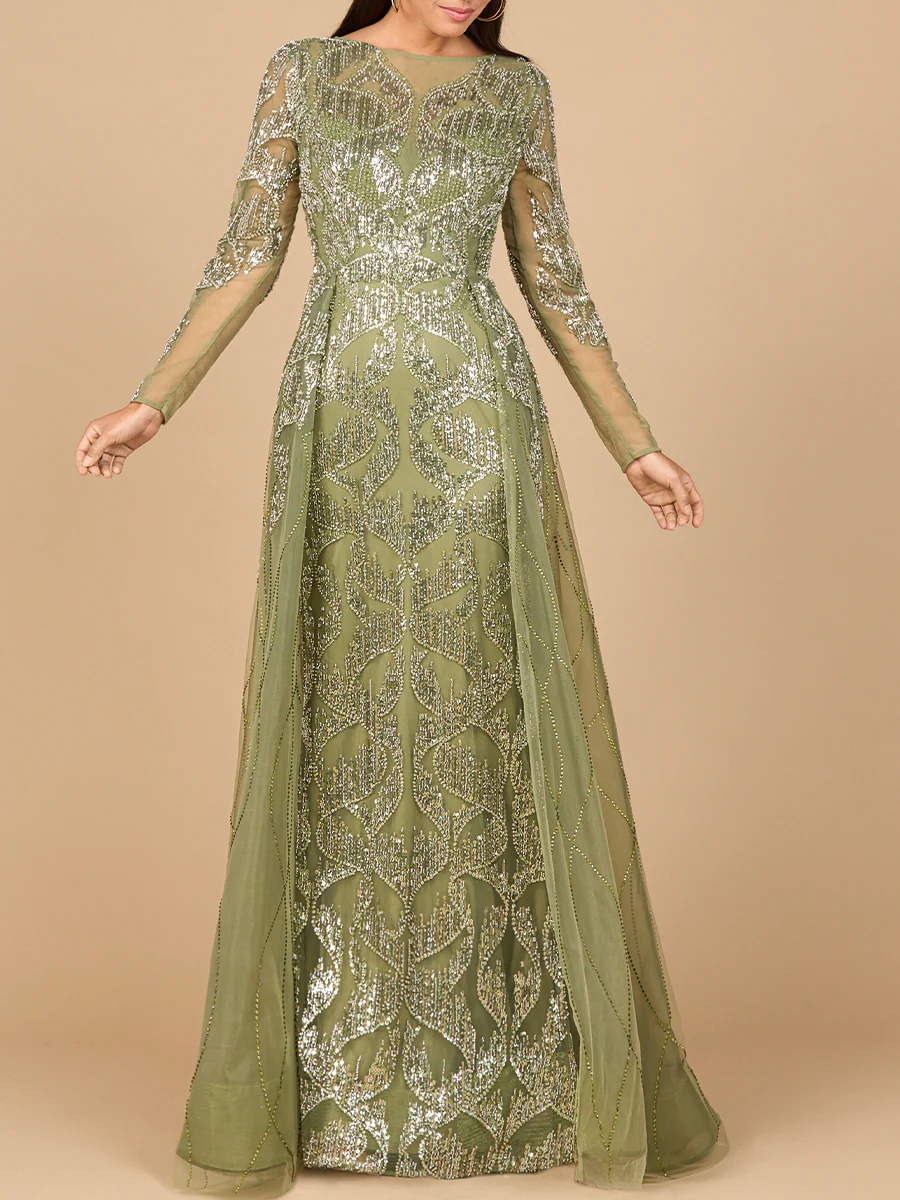 Long Sleeve Gown with Overskirt & High Neck - Image 2