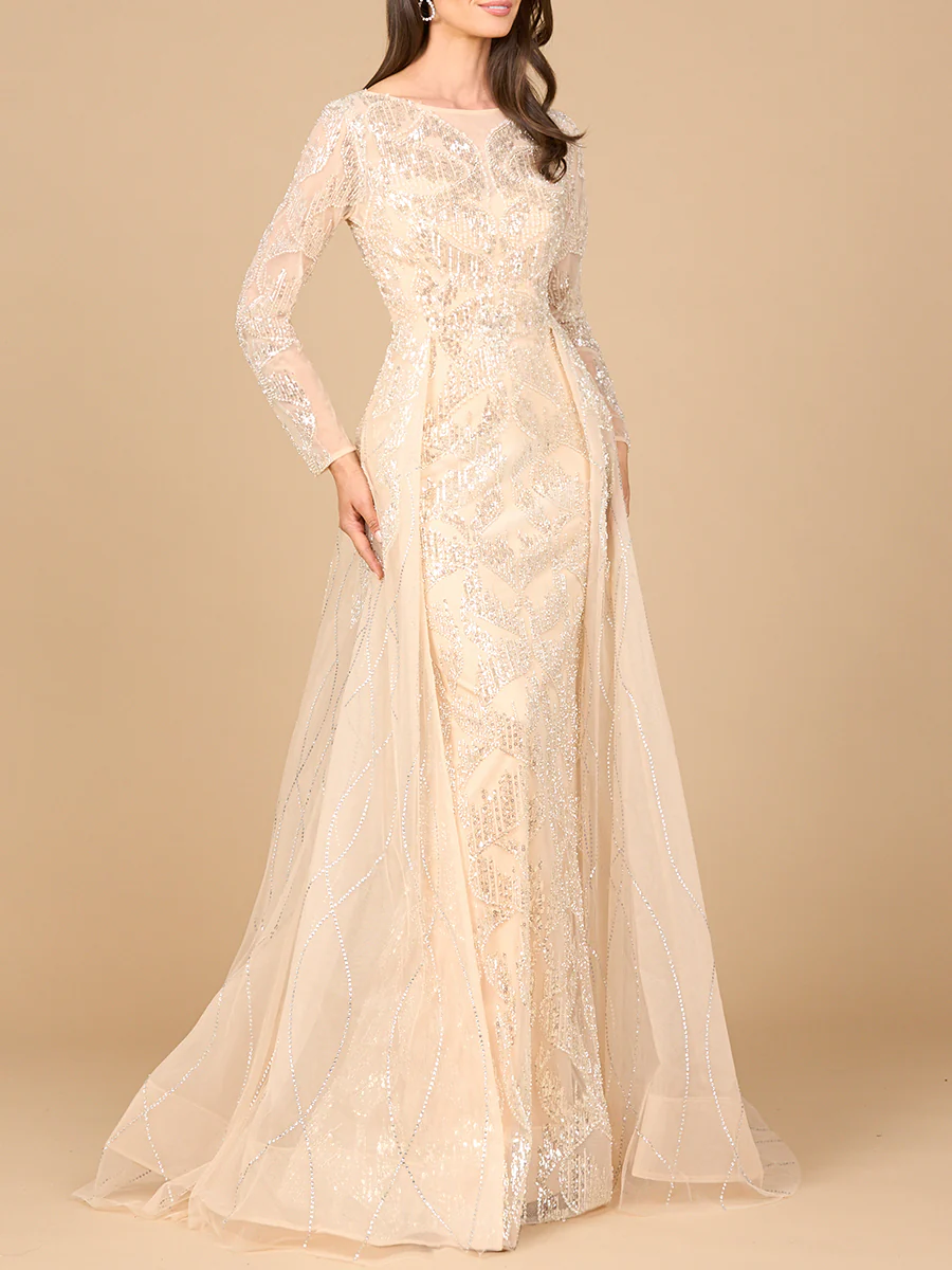 Long Sleeve Gown with Overskirt & High Neck - Image 3