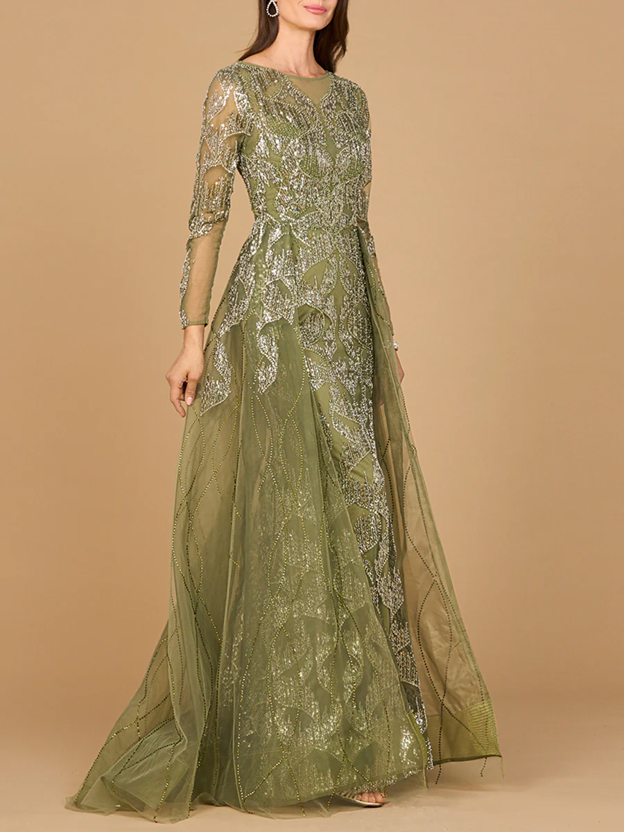 Long Sleeve Gown with Overskirt & High Neck - Image 4