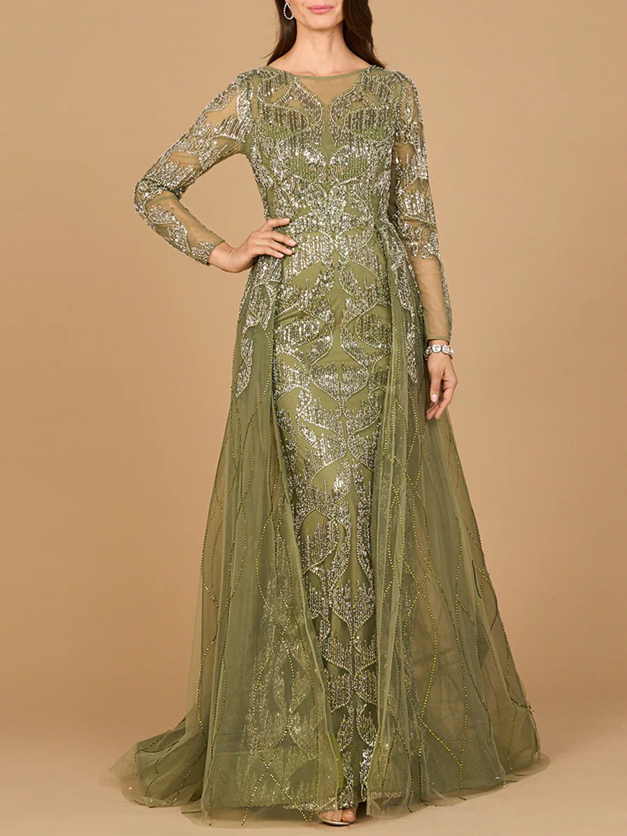 Long Sleeve Gown with Overskirt & High Neck - Image 8
