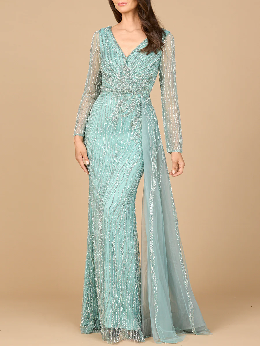 Long Sleeve V-Neck Gown with Drape - Image 2