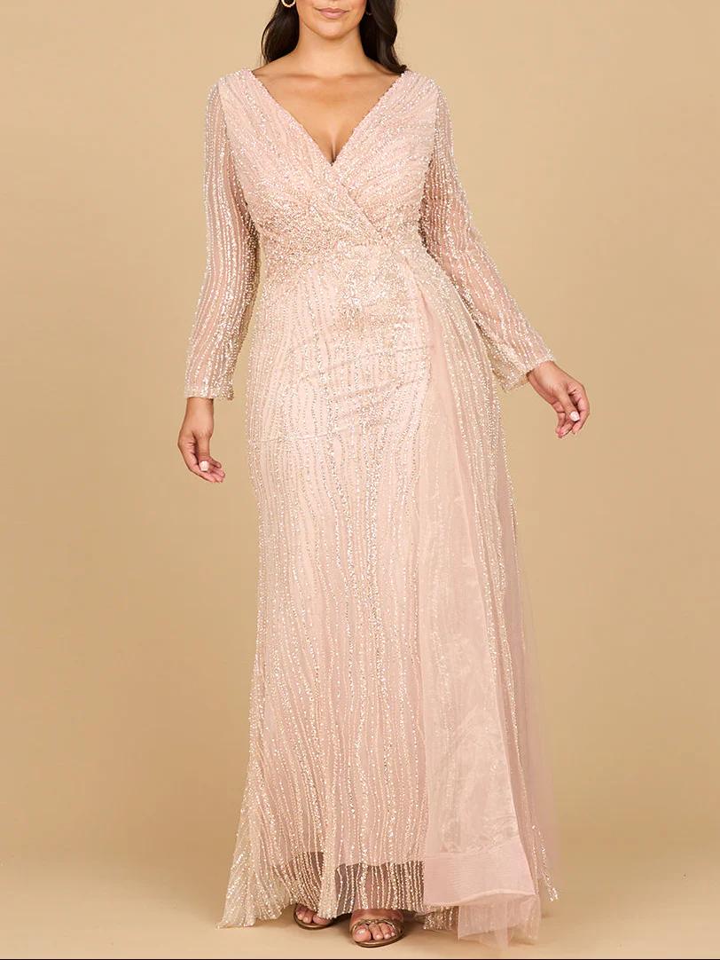 Long Sleeve V-Neck Gown with Drape - Image 3