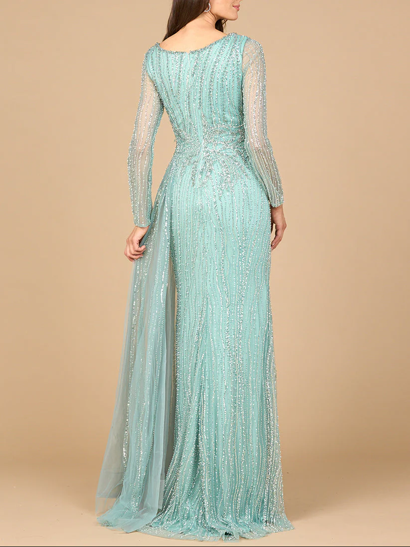 Long Sleeve V-Neck Gown with Drape - Image 4